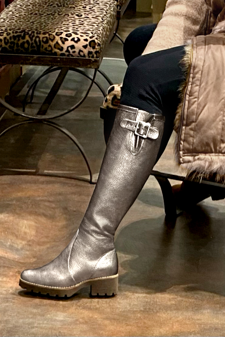 Taupe brown women's knee-high boots with buckles.. Made to measure. Worn view - Florence KOOIJMAN
